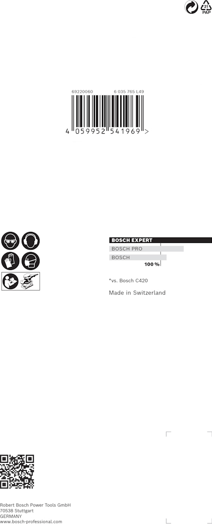 Förpackning med streckkod och text: "Bosch PMD10 Bosch PMD. 100 mA. Made in Switzerland." QR-kod och logotyper syns.