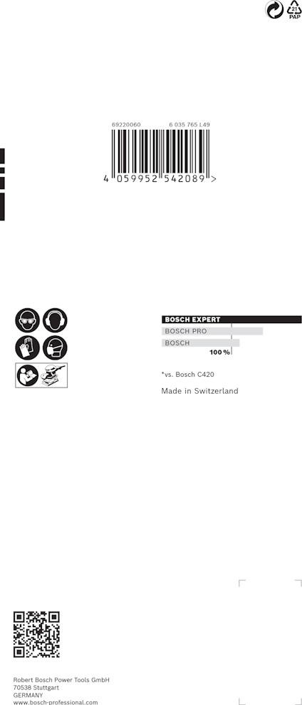 Förpackning med streckkod, QR-kod och text: "Bosch PMF 180 CE". Tillverkad i Schweiz.