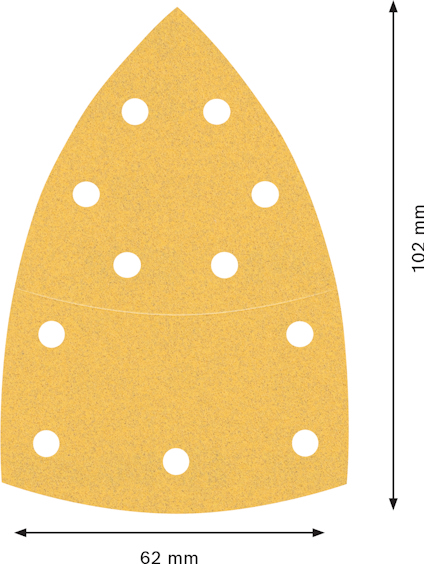 Gult triangulärt sandpapper med perforerade hål, mått 62 mm x 102 mm angivet.