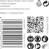 Etikett med tillverkningsinfo från Bosch Power Tools, QR-kod, streckkod och produktionsland Schweiz.