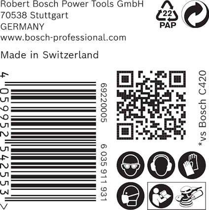 Etikett med tillverkningsinfo från Bosch Power Tools, QR-kod, streckkod och produktionsland Schweiz.