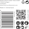 Textetikett med information om Bosch Power Tools, tillverkad i Schweiz, och olika streckkoder, inklusive QR-kod och återvinningssymboler.