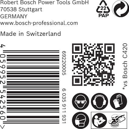 Textetikett med information om Bosch Power Tools, tillverkad i Schweiz, och olika streckkoder, inklusive QR-kod och återvinningssymboler.