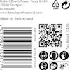 Etikett med Bosch-logga, streckkod, QR-kod, och olika återvinningssymboler. Text anger tillverkning i Schweiz.