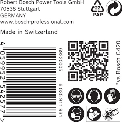 Etikett med Bosch-logga, streckkod, QR-kod, och olika återvinningssymboler. Text anger tillverkning i Schweiz.