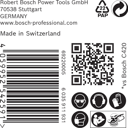Etikett med tillverkare "Robert Bosch Power Tools GmbH", QR-kod, streckkod, och säkerhetssymboler.
