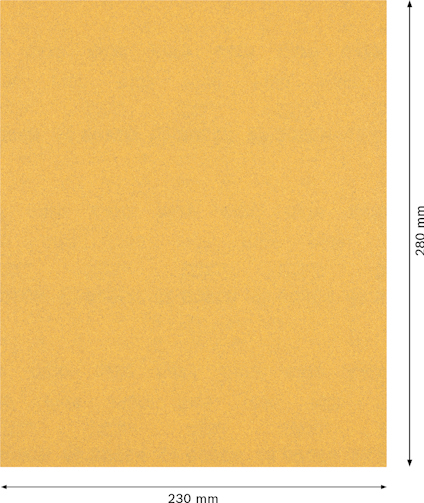 Rektangulärt sandpapper, färg gult, med måttangivelse 230 mm x 280 mm.