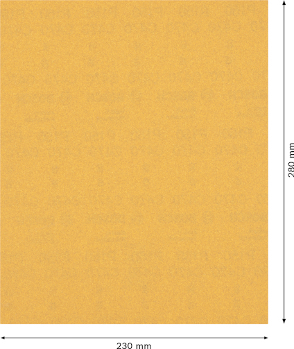 Sandpapper, rektangulärt, med en storlek på 230 mm x 280 mm.