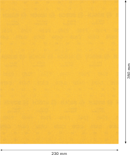 Gult sandpapper, rektangulärt, med mått 230 mm x 280 mm.