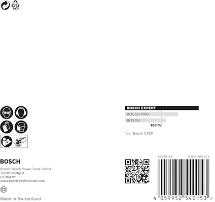 Förpackning med text och symboler för Bosch Expert. Inkluderar QR-kod och kontaktinformation för Bosch Power Tools GmbH.