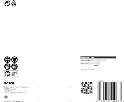 Etikett med QR-kod, streckkod och Bosch-logotyper. Text: "Made in Switzerland" och "100% vs Bosch C420".