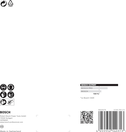 Förpackning med Bosch-logotyp, text och olika symboler. Streckkod och QR-kod längst ner till höger.