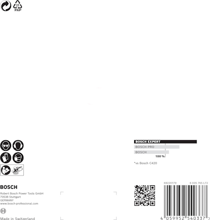 Vit förpackning med Bosch-logotyp och text om tillverkning i Schweiz. QR-kod och återvinningssymboler visas.