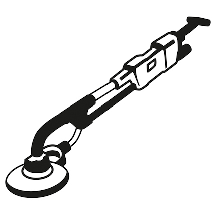 Enkel illustration av en slipmaskin med handtag, rund slipplatta och justerbart skaft.