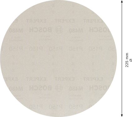 Rund sliprondell med Bosch-logotyp och text som anger P150, 225 mm.