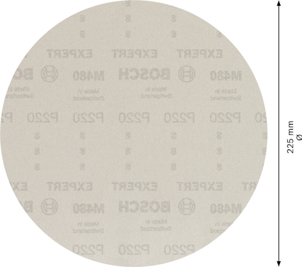 Rund sandpapper med text "BOSCH", "EXPERT", "P220", "M480" och pilar som markerar diameter 225 mm.