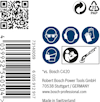 QR-kod och symboler för skyddsutrustning; hörselskydd, ögonskydd, handskar. Text om Bosch Power Tools GmbH, Tyskland.