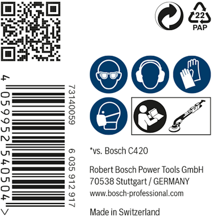 QR-kod och symboler för skyddsutrustning; hörselskydd, ögonskydd, handskar. Text om Bosch Power Tools GmbH, Tyskland.
