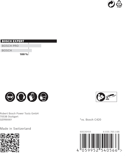 Etikett med Bosch-logotyp, instruktioner och streckkod; tillverkad i Schweiz, kontaktinformation för Robert Bosch Power Tools GmbH.
