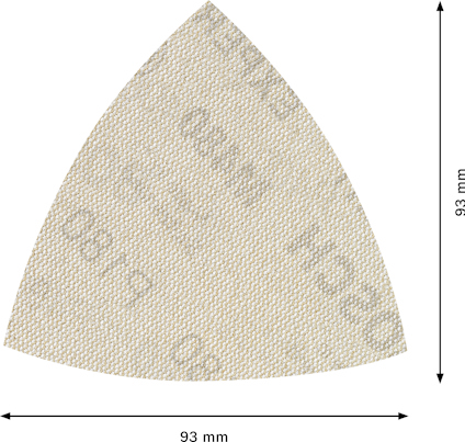 Triangelformat sandpapper med dimensioner 93 mm x 93 mm, text synlig men oläslig.
