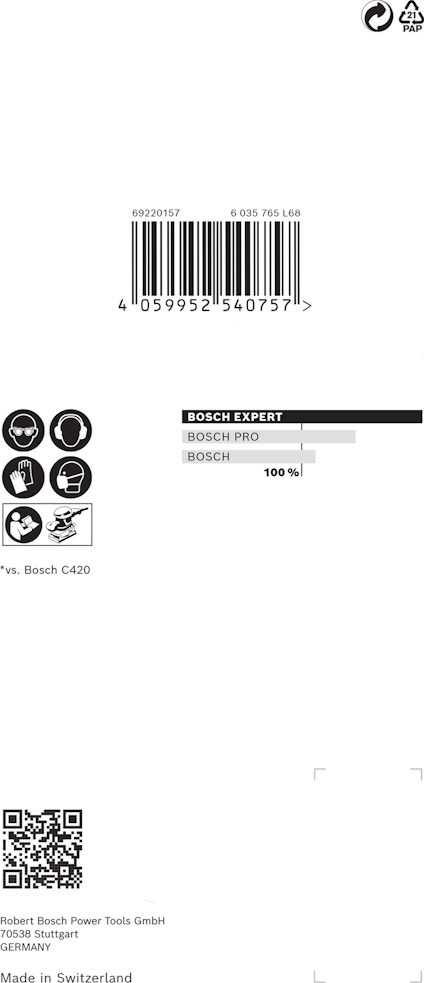 Förpackning med streckkod, Bosch-logotyp, QR-kod, och texten "Bosch Expert, Made in Switzerland".