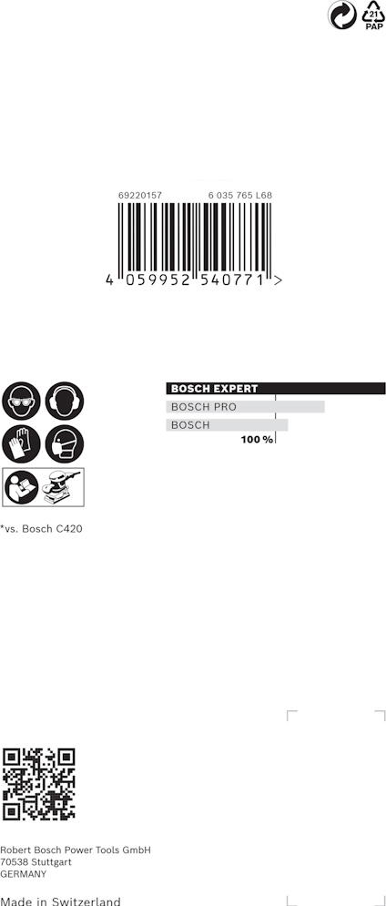 Förpackning med streckkod, Bosch-logotyp, QR-kod och text om tillverkning i Schweiz.