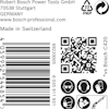 Etikett med streckkod, QR-kod, tillverkningsinformation och säkerhetssymboler. "Made in Switzerland".