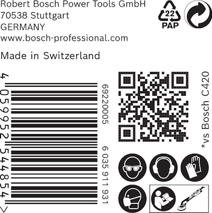 Etikett med streckkod, QR-kod, tillverkningsinformation och säkerhetssymboler. "Made in Switzerland".