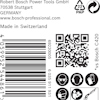 Robert Bosch etikett med streckkod, QR-kod och återvinningssymbol. Text: Made in Switzerland, vs Bosch C420, www.bosch-professional.com.