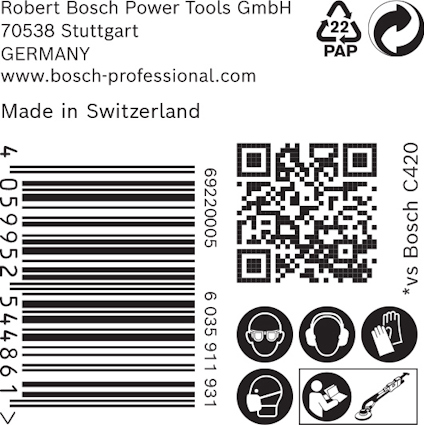 Robert Bosch etikett med streckkod, QR-kod och återvinningssymbol. Text: Made in Switzerland, vs Bosch C420, www.bosch-professional.com.