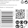 Robert Bosch Power Tools GmbH etikett med streckkod, QR-kod och piktogram. Text: "Made in Switzerland".