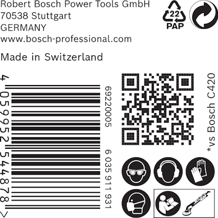 Robert Bosch Power Tools GmbH etikett med streckkod, QR-kod och piktogram. Text: "Made in Switzerland".