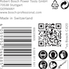 Robert Bosch Power Tools GmbH, adress i Tyskland, QR-kod, streckkod, symboler och texten "Made in Switzerland".