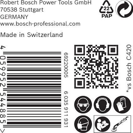 Robert Bosch Power Tools GmbH, adress i Tyskland, QR-kod, streckkod, symboler och texten "Made in Switzerland".