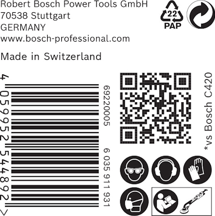 Förpackningens etikett med företagets kontaktinformation, QR-kod, streckkod och ikoner. "Made in Switzerland".