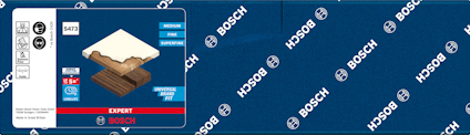 Förpackning med Bosch Expert sticksågsblad för laminat, med text och logotyper på blå bakgrund.