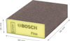Brunt slipblock med texten "EXPERT BOSCH Fine" i svart på sidan. Måtten 69 mm x 98 mm x 26 mm visas.