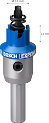 Verktygshuvud med blått och grått handtag, märkt "Bosch Expert", med mätangivelser: Ø 14 mm och 11 mm.