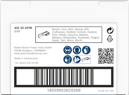 Förpackning med märkningar och text, inkluderar varumärken som Bosch, Fein, AEG, och QR-kod. Streckkod 14059592629268.