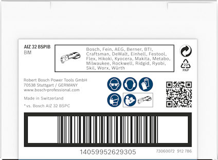 Förpackning för Bosch AIZ 32 BSPB BIM med QR-kod, streckkod och kompatibla märken listade.