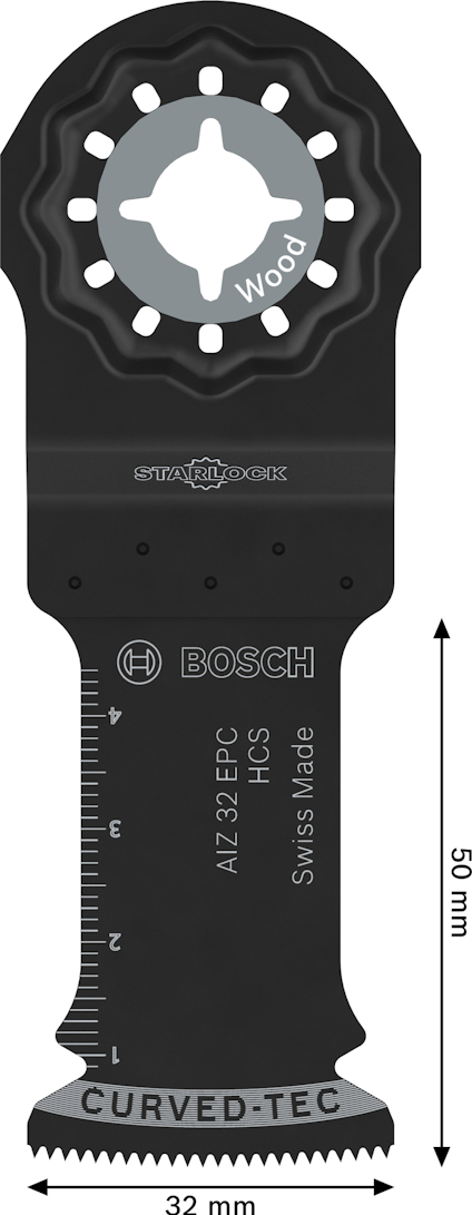 Starlock sågblad för trä, Bosch, 50 mm lång, 32 mm bred, med mätmarkeringar och text "AIZ 32 EPC, HCS, Swiss Made".