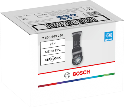 Kartong med Starlock Bosch sågblad, modell AIZ 32 EPC, 25 st. EAN-kod och produktnummer synliga.