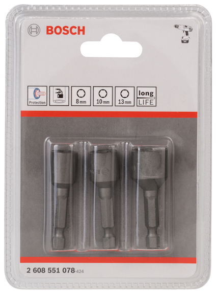 Förpackning med tre Bosch bits, dimensioner 8 mm, 10 mm, 13 mm. Text "Protection" och "long LIFE" syns.