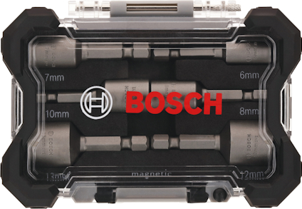 Plastlåda med Bosch-bits av olika storlekar inklusive 6mm, 7mm, 8mm, 10mm, och 12mm.