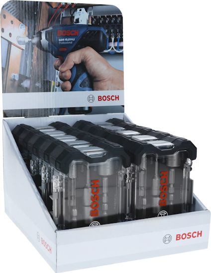 Verktygsset i Bosch-förpackning med skruvdragartillbehör och logotyp.