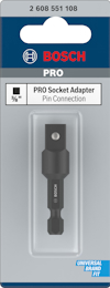 Förpackning med Bosch PRO socket adapter, 3/8" pin connection, universal brand fit, artikelnummer 2 608 551 108.