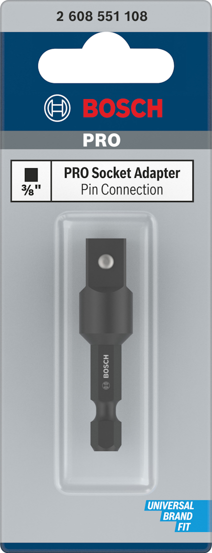 Förpackning med Bosch PRO socket adapter, 3/8" pin connection, universal brand fit, artikelnummer 2 608 551 108.
