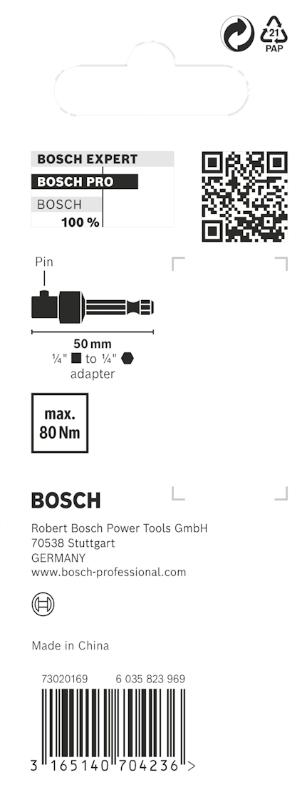 Förpackningens baksida för Bosch verktygstillbehör med produktinformation, QR-kod och streckkod.