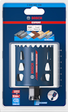 Förpackning med Bosch Expert sågklinga, 64 mm, för tuffa material, Carbide Technology, märkningar "Long Life" och "Power Change Plus".