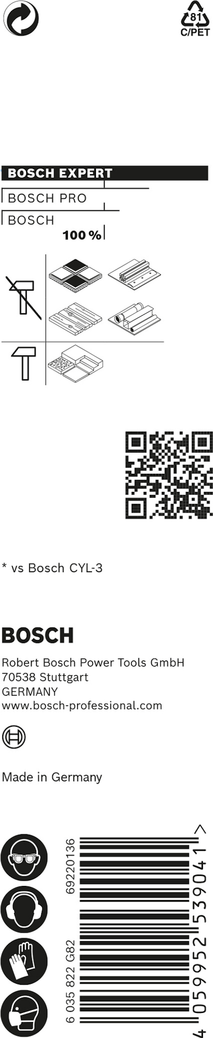 Förpackning för Bosch Expert kapblad, med QR-kod och symboler för olika material. Text: Bosch Pro. Made in Germany.